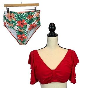 Nafleap High Waisted Bikini Floral Bottoms and Red Ruffle Top - XL
